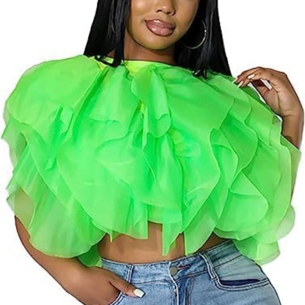 RUFFLE CHIFFON TULLE CROP TOP BLOUSE ORGANZA